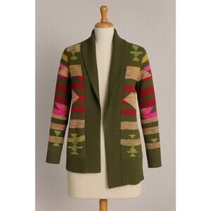 O'Neill Green Multicolor‎ Striped Open Front Long Cardigan Sweater Women M